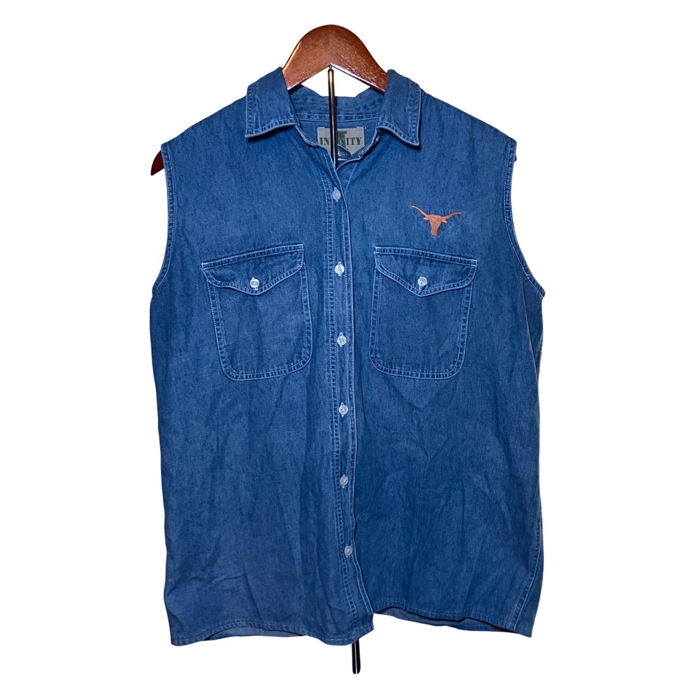 Infinity Denim Sleeveless Shirt Women L Blue Longhorn Western Button Down